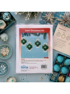 Vintage Sunrise Satin Sequin Push Pin Ornament Craft Kit Green Argyle Christmas